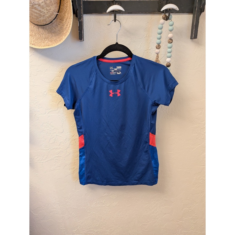 Under Armour‎ Heatgear Kids YLG G Girls Blue Red Athletic T Shirt Top